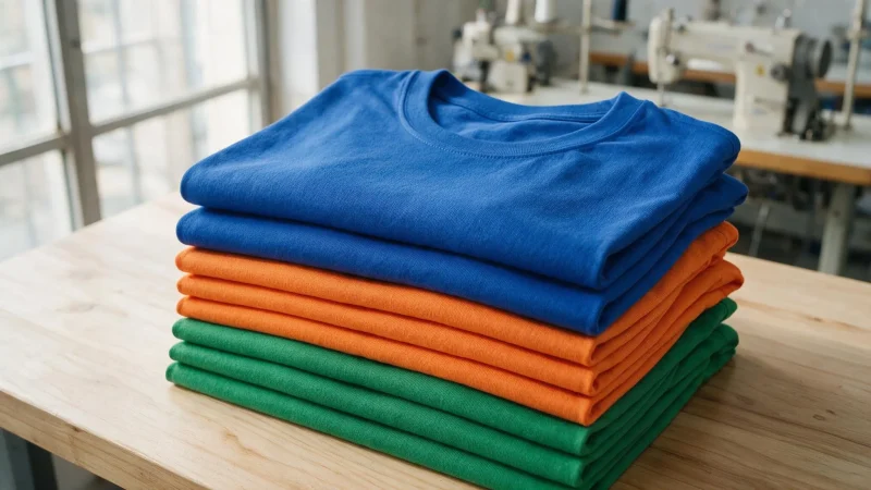 Pilha de camisetas azul laranja e verde dobradas em uma confeccao, prontas para a SIPAT