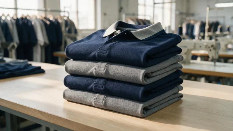 Camisas polo de uniforme empresarial em azul marinho e cinza dobradas em uma confeccao